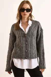 Olalook Women's Smoked 4 Button Braided Soft Textured Knitwear Cardigan