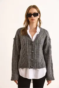 Olalook Women's Smoked 4 Button Braided Soft Textured Knitwear Cardigan - Image 2