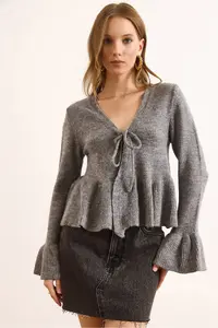 Olalook Women's Anthracite Front Laced Soft Textured Spanish Sleeve Cardigan
