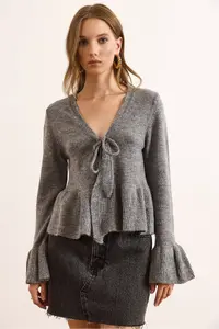 Olalook Women's Anthracite Front Laced Soft Textured Spanish Sleeve Cardigan - Image 2