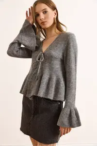 Olalook Women's Anthracite Front Laced Soft Textured Spanish Sleeve Cardigan - Image 3