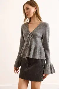 Olalook Women's Anthracite Front Laced Soft Textured Spanish Sleeve Cardigan - Image 4