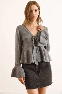 Olalook Women's Anthracite Front Laced Soft Textured Spanish Sleeve Cardigan - Image 5