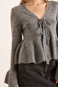 Olalook Women's Anthracite Front Laced Soft Textured Spanish Sleeve Cardigan - Image 6
