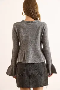 Olalook Women's Anthracite Front Laced Soft Textured Spanish Sleeve Cardigan - Image 7