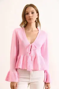 Olalook Women's Pink Front Laced Soft Textured Spanish Sleeve Cardigan - Image 2