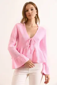 Olalook Women's Pink Front Laced Soft Textured Spanish Sleeve Cardigan - Image 3