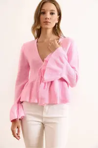 Olalook Women's Pink Front Laced Soft Textured Spanish Sleeve Cardigan - Image 4