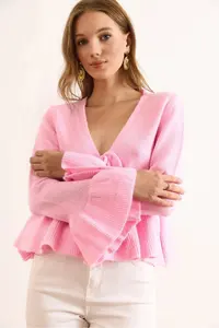 Olalook Women's Pink Front Laced Soft Textured Spanish Sleeve Cardigan - Image 5