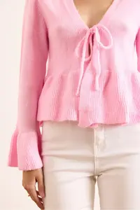 Olalook Women's Pink Front Laced Soft Textured Spanish Sleeve Cardigan - Image 6