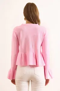 Olalook Women's Pink Front Laced Soft Textured Spanish Sleeve Cardigan - Image 7