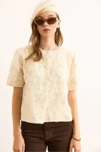 Olalook Women's Stone Crew Neck Garnished Knitwear Cardigan - Image 3