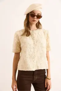 Olalook Women's Stone Crew Neck Garnished Knitwear Cardigan - Image 4