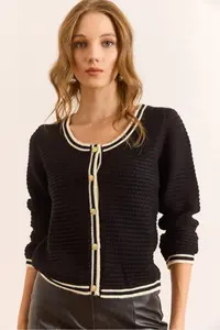 Olalook Women's Black V-Neck Stripe Detailed Textured Knitwear Cardigan