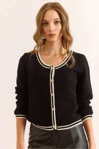 Olalook Women's Black V-Neck Stripe Detailed Textured Knitwear Cardigan - Image 2