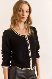 Olalook Women's Black V-Neck Stripe Detailed Textured Knitwear Cardigan - Image 3