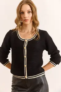 Olalook Women's Black V-Neck Stripe Detailed Textured Knitwear Cardigan - Image 4