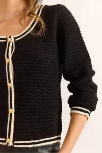 Olalook Women's Black V-Neck Stripe Detailed Textured Knitwear Cardigan - Image 5
