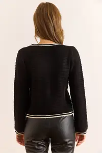 Olalook Women's Black V-Neck Stripe Detailed Textured Knitwear Cardigan - Image 6