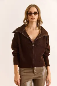 Olalook Women's Brown Wide Collar Zippered Soft Textured Knitwear Cardigan - Image 2