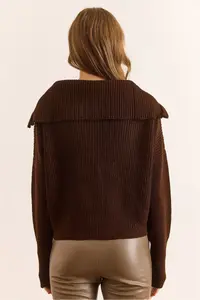 Olalook Women's Brown Wide Collar Zippered Soft Textured Knitwear Cardigan - Image 3
