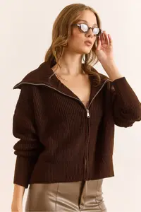 Olalook Women's Brown Wide Collar Zippered Soft Textured Knitwear Cardigan - Image 5