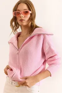Olalook Women's Candy Pink Wide Collar Zippered Soft Textured Knitwear Cardigan