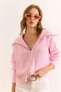 Olalook Women's Candy Pink Wide Collar Zippered Soft Textured Knitwear Cardigan - Image 2