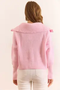 Olalook Women's Candy Pink Wide Collar Zippered Soft Textured Knitwear Cardigan - Image 3