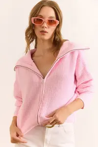 Olalook Women's Candy Pink Wide Collar Zippered Soft Textured Knitwear Cardigan - Image 6