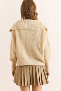 Olalook Women's Ecru Wide Collar Zippered Soft Textured Knitwear Cardigan - Image 3