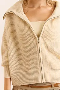 Olalook Women's Ecru Wide Collar Zippered Soft Textured Knitwear Cardigan - Image 4