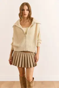 Olalook Women's Ecru Wide Collar Zippered Soft Textured Knitwear Cardigan - Image 6