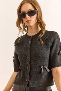 Olalook Women's Anthracite Bow Detailed Soft Textured Short Sleeve Cardigan