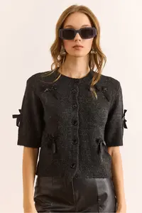 Olalook Women's Anthracite Bow Detailed Soft Textured Short Sleeve Cardigan - Image 2