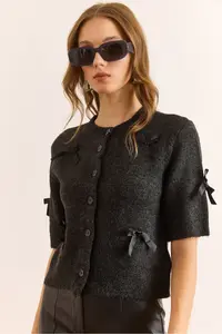 Olalook Women's Anthracite Bow Detailed Soft Textured Short Sleeve Cardigan - Image 3