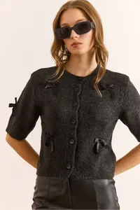 Olalook Women's Anthracite Bow Detailed Soft Textured Short Sleeve Cardigan - Image 4