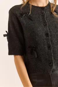 Olalook Women's Anthracite Bow Detailed Soft Textured Short Sleeve Cardigan - Image 5