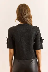Olalook Women's Anthracite Bow Detailed Soft Textured Short Sleeve Cardigan - Image 6