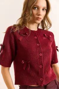 Olalook Women's Burgundy Bow Detailed Soft Textured Short Sleeve Cardigan