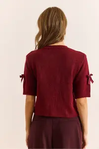 Olalook Women's Burgundy Bow Detailed Soft Textured Short Sleeve Cardigan - Image 2