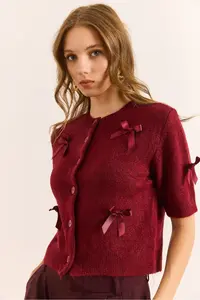 Olalook Women's Burgundy Bow Detailed Soft Textured Short Sleeve Cardigan - Image 3