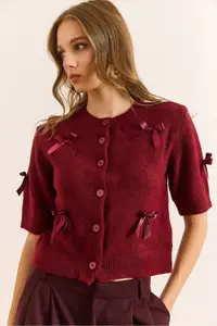 Olalook Women's Burgundy Bow Detailed Soft Textured Short Sleeve Cardigan - Image 4