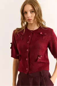 Olalook Women's Burgundy Bow Detailed Soft Textured Short Sleeve Cardigan - Image 5