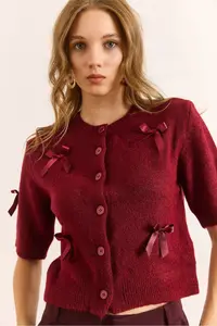 Olalook Women's Burgundy Bow Detailed Soft Textured Short Sleeve Cardigan - Image 6
