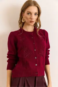 Olalook Women's Burgundy Suzene Detailed Soft Textured Knitwear Cardigan - Image 3