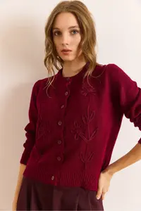 Olalook Women's Burgundy Suzene Detailed Soft Textured Knitwear Cardigan - Image 6