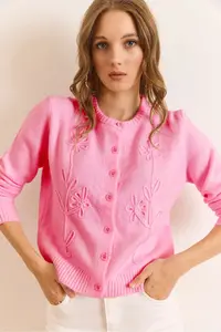 Olalook Women's Pink Suzene Detailed Soft Textured Knitwear Cardigan