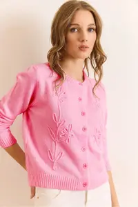 Olalook Women's Pink Suzene Detailed Soft Textured Knitwear Cardigan - Image 2
