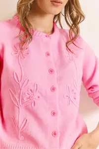 Olalook Women's Pink Suzene Detailed Soft Textured Knitwear Cardigan - Image 3